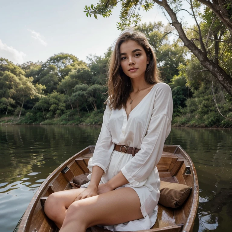 Gere uma imagem realista de uma jovem . Ela tem 25 anos, tem olhos castanhos expressivos e cabelos pretos com brilho natural. Its appearance vibrant and authentic, reflecting a mix of curiosity and elegance. Vista-se com estilo Equilibrando conforto e moda, she sitting in a small boat in the middle of a lagoon (plano de foto geral