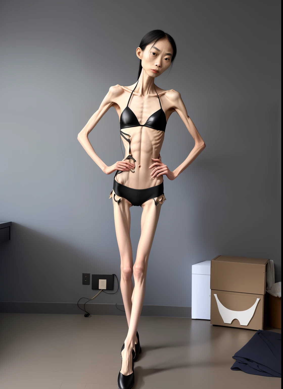 very thin woman,The body very thin,female sternum,Protruding sternum,The sternum distinct,The waist very thin,The ribs are noticeable,Protruding ribreathing deeply,The crotch protrudes,The pelvic protrusion very obvious,Clear outline of pelvis,The crotch protrudes,thin shoulde,The waist very thin,Sunken abdomen,Abdominal muscle atrophy,Delicate arms,arm muscle atrophy,The legs are thin and thin,Slender thighs,Knees are obviously protruding,Ankle bulges,The ankle bones are obvious,The leg bones are obvious,leg muscle atrophy,rexia,Wear tight leather pants,Wear slippers,Significant atrophy of dorsalis pedis muscles,Asia face,Haggard expression,weeping,Excessive weight loss,sunken face,Apply lipstick,Severe malnutrition,Body as thin as a skeleton