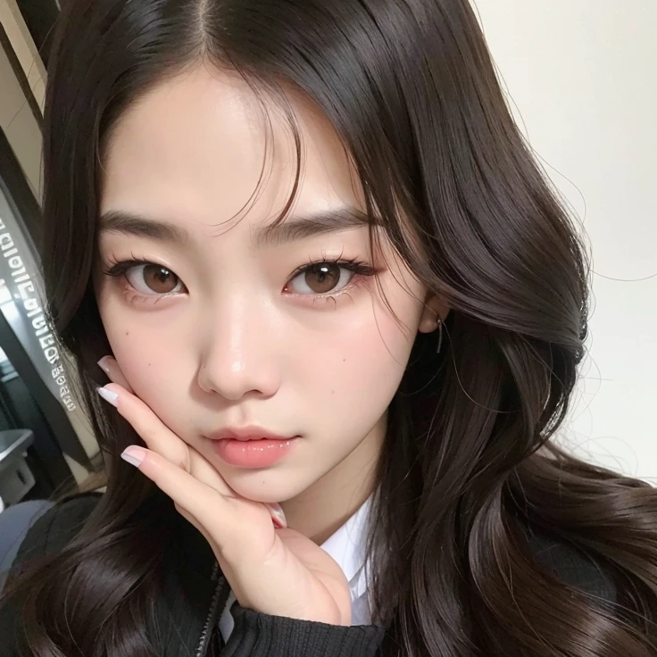 um close up de uma mulher com cabelos longos e uma jaqueta preta, Ulzzang, Jinyoung Canela, Jaeyeon Nam, wan adorable korean face, young adorable korean face, menina coreana, com bonito - fino - rosto, korean face features, maquiagem sul-coreana popular, maquiagem coreana popular, Heonhwa Choe, jennie blackpink, Parque Ji-min, pale round face