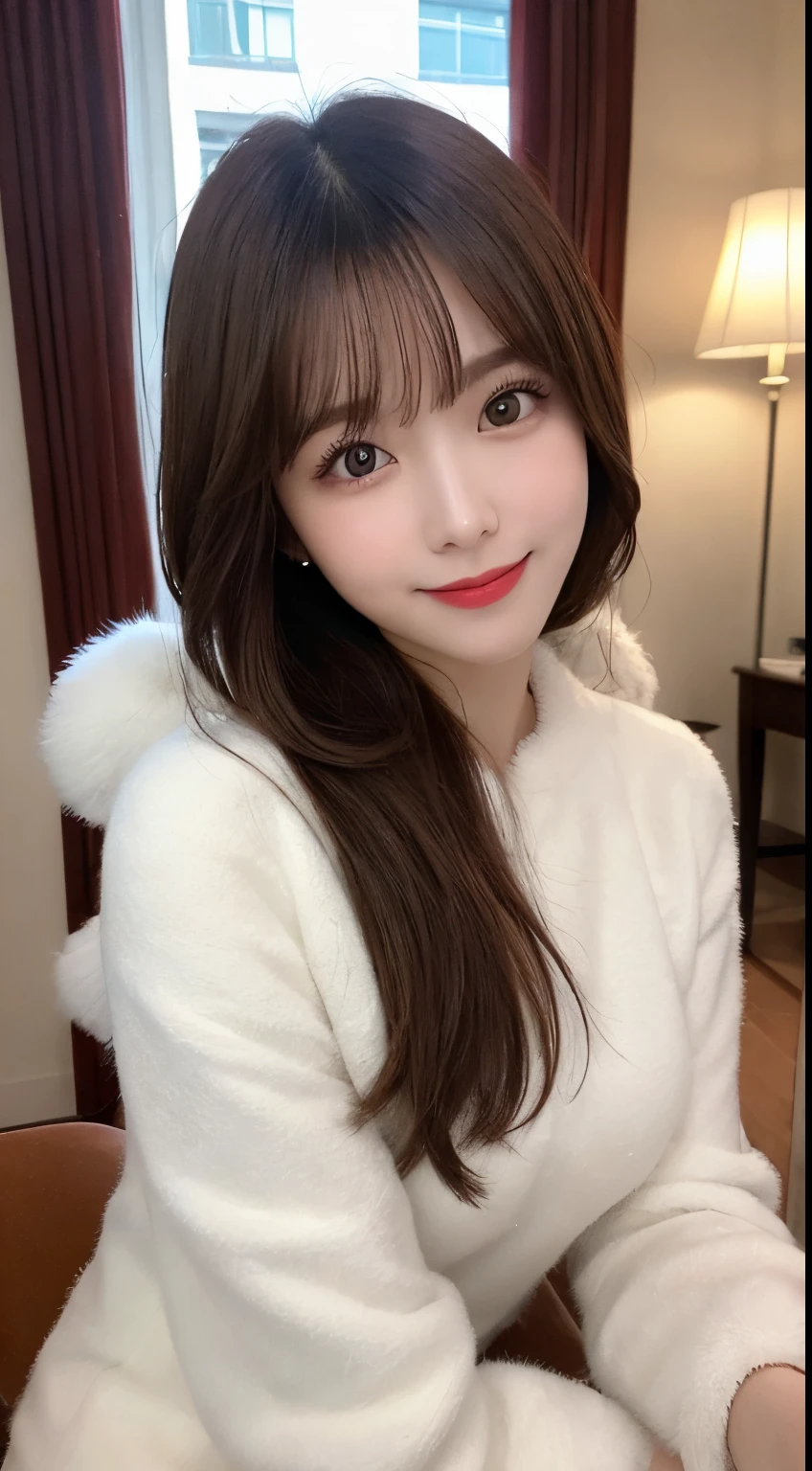 masutepiece, Best Quality, Illustration, Ultra-detailed, finely detail, hight resolution, 8K Wallpaper, Perfect dynamic composition, Beautiful detailed eyes, white fluffy winter clothes,Medium Hair,small tits,Natural Color Lip, Bold sexy poses,Smile,mansion(a room,Bet)、20 years girl、Cute、Sexy shot looking at camera,perfect and beautiful face and fingers,Take close-up photos of your face,Take only the face
