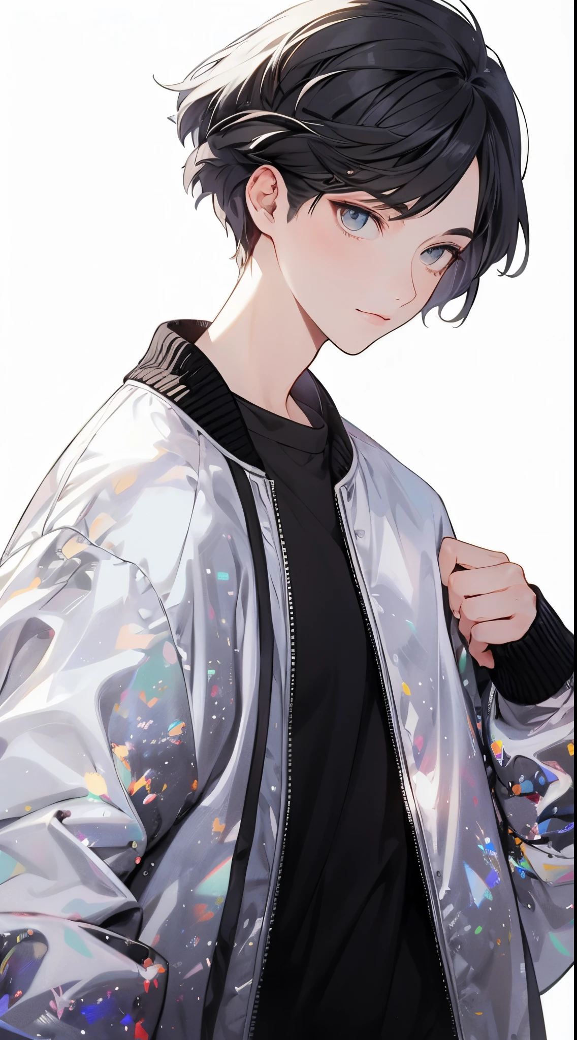 male people、shorth hair、 High quality, amount of drawing, pixiv illustration, PVC Jacket, aurora jacket, Beautiful young man, Black hair, Short hair, aurora fabric, hologram article,aurora seat jacket, White undershirt, light gray jeans, Decisive Pose, White background