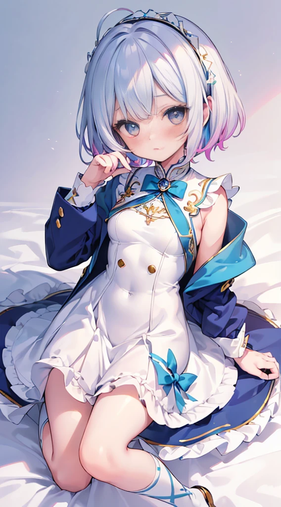 (Masterpiece, Slim Body, Delicate Fingers: 1.2), Best Quality, (Illustration: 1.2), (Hyper Detail), Eye Focus, Ultra Detail, (Fine Detail), (Intricate Detail), HDR, (Ultra Detail: 1.15), (Soft Light: 1.2), (1 girls), Wear, ((nobility lady cloth), (neat outfit:1.5), (costume with blue accents: 1.2), (white shirt) , (blue jacket: 1.3), (short white pant), (White hair and blue highlights),cyan eyes, teenager, medium, short hair, solo, multicolored hair, ahoge, (medium breasts:1.2), high quality, best quality, full body image,(blushing:1.3), ((li:1.5)