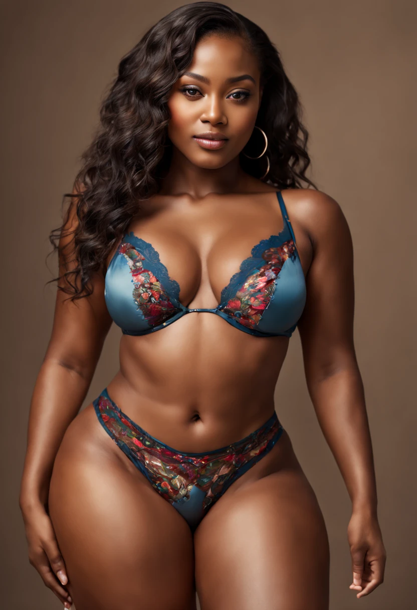 photo realistic 25-year-old black woman, with a beautiful chocolate-style body with fine curves that would make Aphrodite jealous, exudes power and confidence with every step she takes. Her skin is silky smooth and her hair flows like a cascade of chocolate down her back. She wears only impossibly colorful lingerie, colorful lace lingerie panties, (8k, best quality, masterpiece: 1.2), (realistic: 1.photorealistic: 1.3), ultra-detailed, (highly detailed skin: 1.2), 8k, 16k, , soft lighting, high quality, film grain, Fujifilm XT3, best quality, beautiful lighting, 1girl,