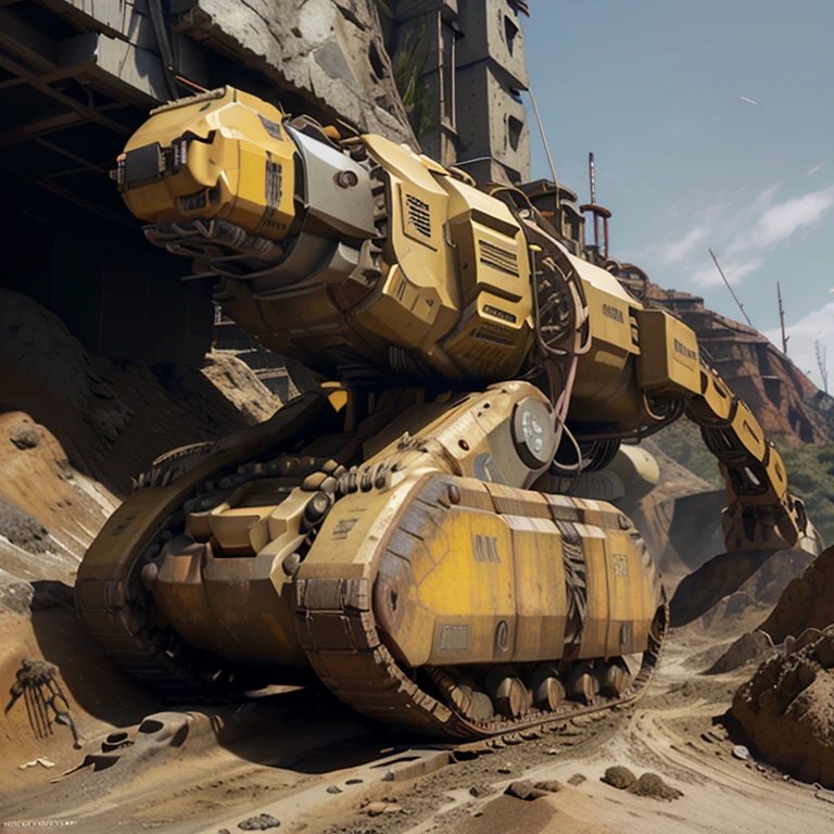 CNCGDIAI yellow futuristic drill rig with top hammer drill on end of excavator like arm , detailed, intricate, on a steep slope, EPIROC lettering on side of drill, able to climb steep rugged terrain and perform drilling tasks, drilling and blasting new road, 4 pivoting tracks.