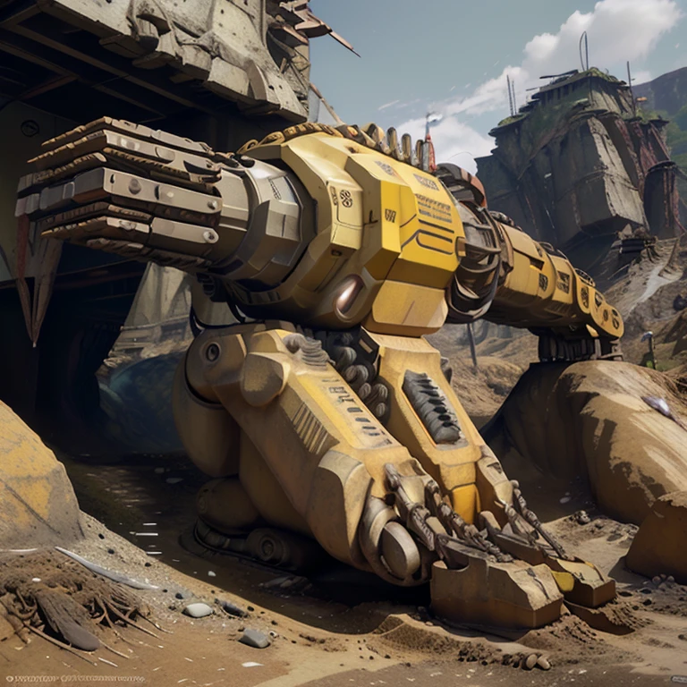 CNCGDIAI yellow futuristic drill rig with top hammer drill on end of excavator like arm , detailed, intricate, on a steep slope, EPIROC lettering on side of drill, able to climb steep rugged terrain and perform drilling tasks, drilling and blasting new road, 4 pivoting tracks.