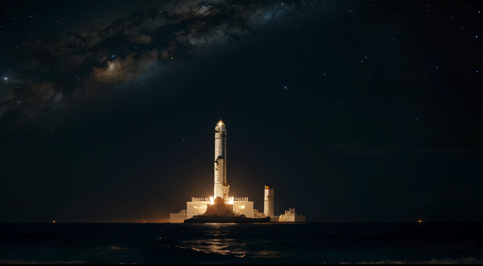 background a vast universe at night,a lighthouse and a space shuttle are similar size, lighthouse on the earth, space shuttle in the sky