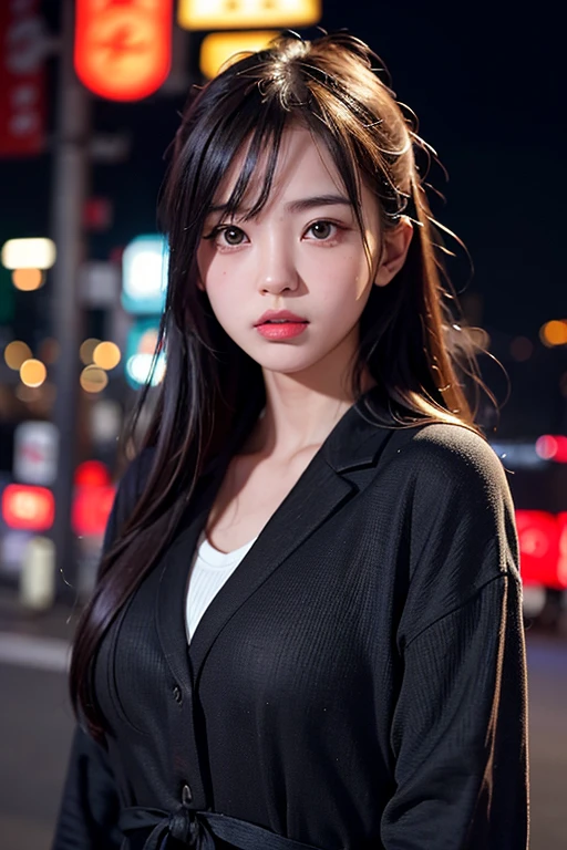 1girl, Tokyo street,night, cityscape,city lights, upper body,close-up, 8k, RAW photo, best quality, masterpiece,realistic, photo-realistic,