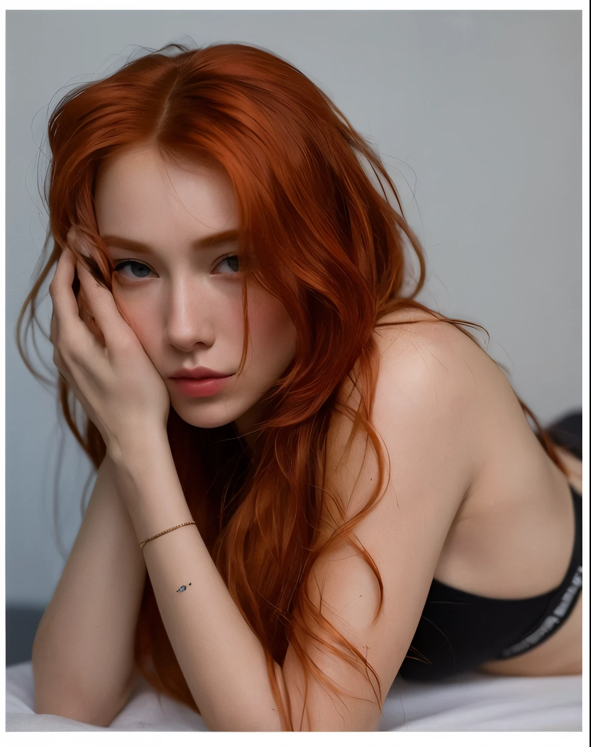 Red-haired woman lying on a bed with her hands on her face, with pale skin, pele vermelha lisa, Anna Nikonova aka Newmilky, ela tem cabelos ruivos, Redhead Girl, red head, Deusa dos cabelos ruivos, red hair and attractive features, Yelena Belova, ela ruiva, mulher ruiva, smooth pale skin, pale fair skin!!