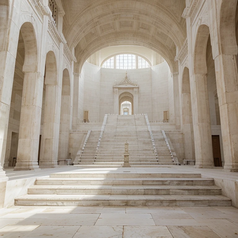 Empty white field with huge white stone temple and lots of light. El templo tiene una gran plaza delante y unas escaleras amplias.. En la fachada hay seis pilares. El templo esta abierto y sin paredes.