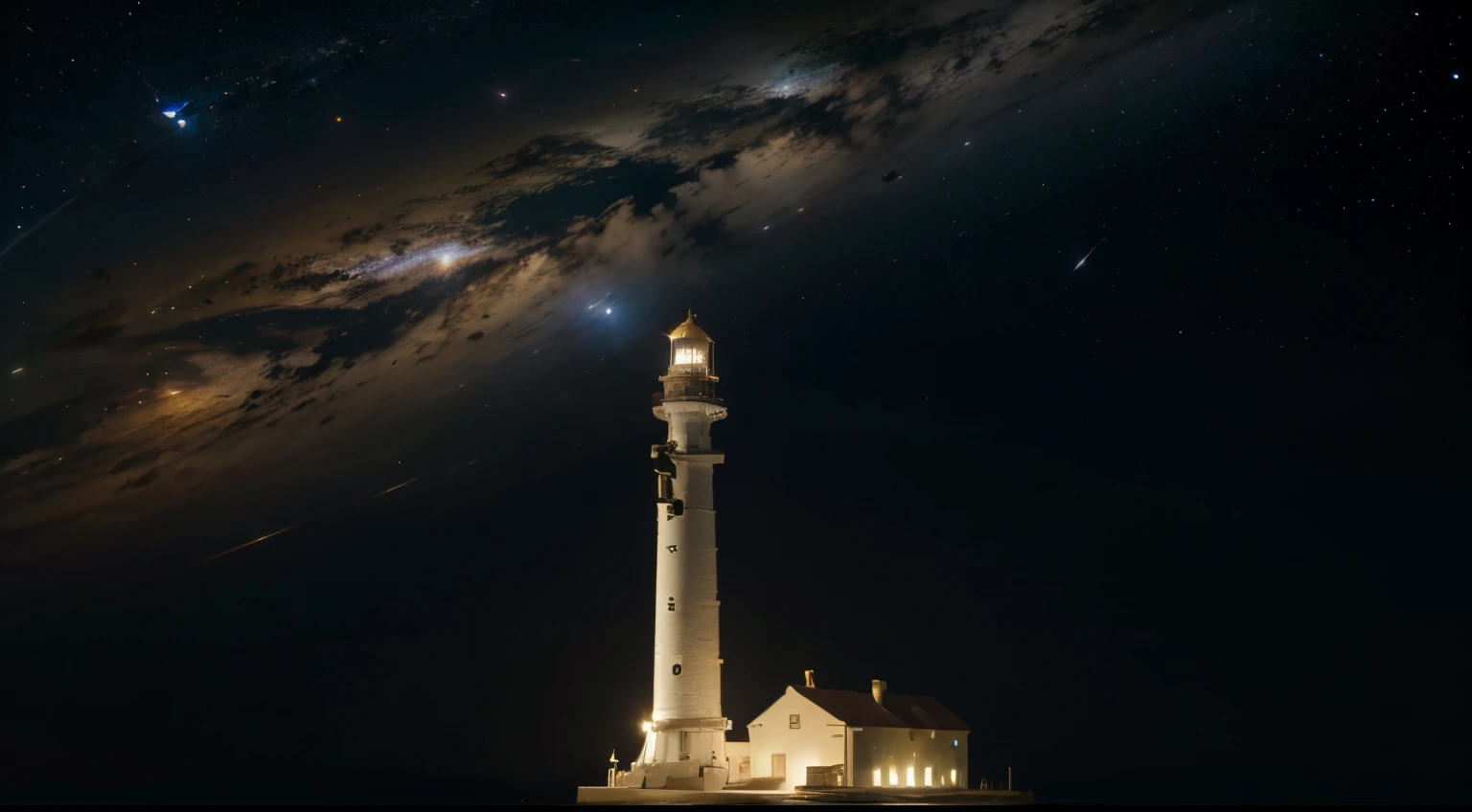 background a vast universe at night,a lighthouse and a space shuttle are similar size, lighthouse on the earth, space shuttle in the sky