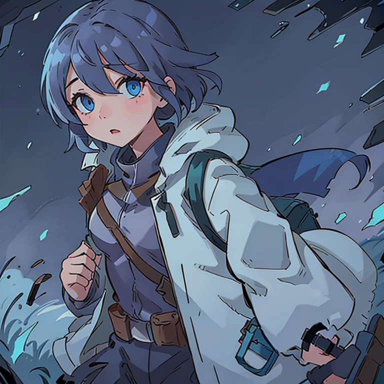 Make a girl with blue eyes ,with a coat with survival accessories ,and a backpack equipped with survival items