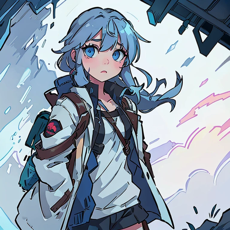Make a girl with blue eyes ,with a coat with survival accessories ,and a backpack equipped with survival items