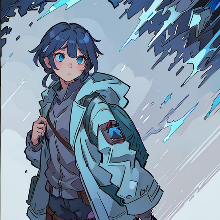 Make a girl with blue eyes ,with a coat with survival accessories ,and a backpack equipped with survival items