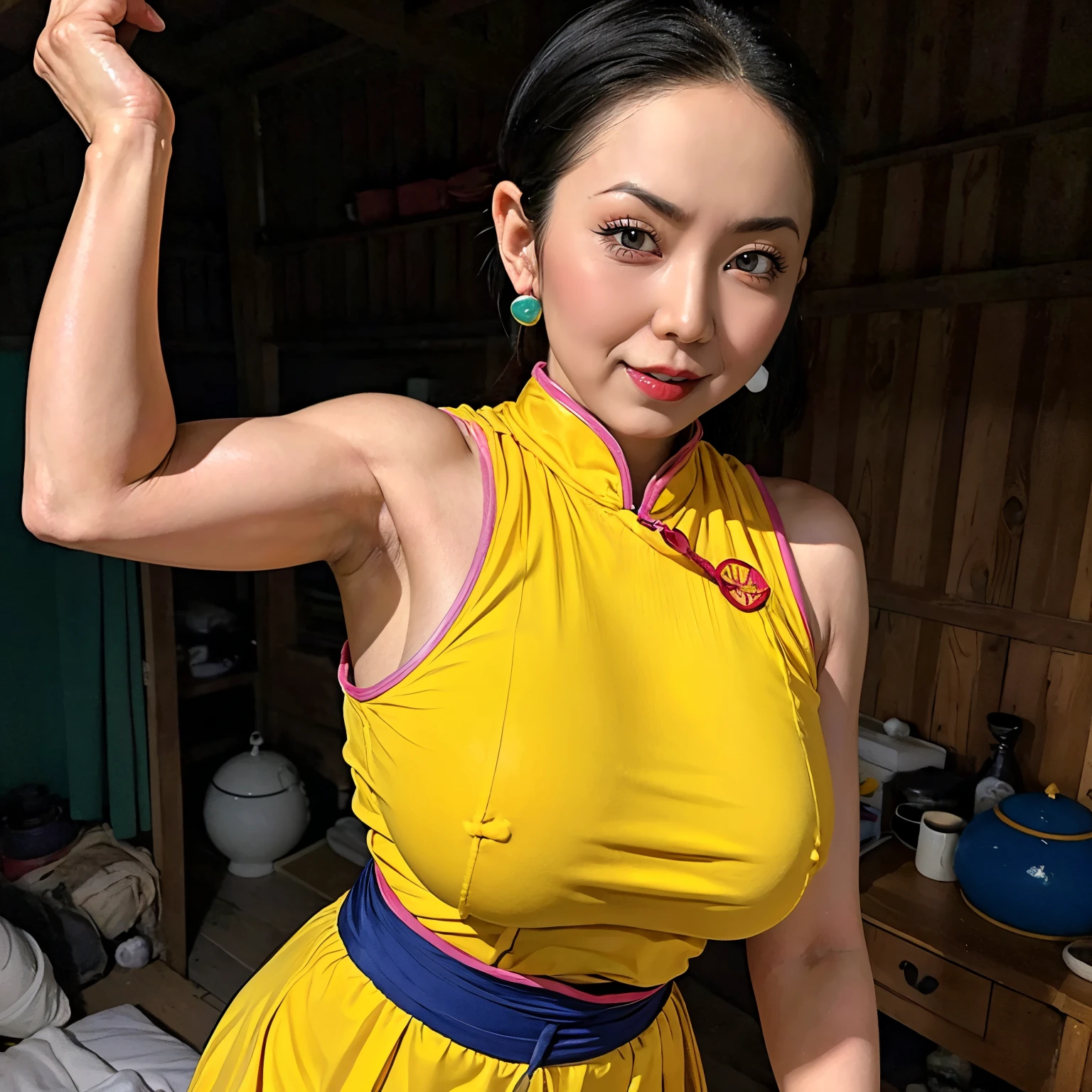 (masterpiece:1.1, Best Quality:1.1, 32K HDR, High resolution), (1girl in, Solo), (Ultra-realistic portrait of Chichi(older):1.1, Dragon ball Z, mature Chichi, milf), black hair, updo hair, Dango hair, ((yellow China dress, Chinese fighting uniform)), gigantic cleavage, Colossal tits, Huge boobs, huge-breasted, nipples, (Inside an abandoned hut:1.1, farms, Perfect slim body:1.1), hyper detailed face, Detailed eyes, Realistic skin texture, Detailed explanation of the skin, (show me her shaved armpits:1.25),