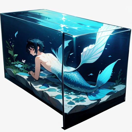A sad looking boy with black hair and white eyes and a grey blue mermaid tail swimming sadly in a large empty aquarium
