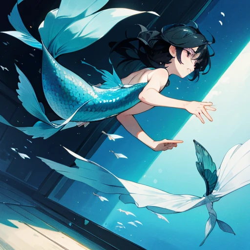 A sad looking boy with black hair and white eyes and a grey blue mermaid tail swimming sadly in a large empty aquarium