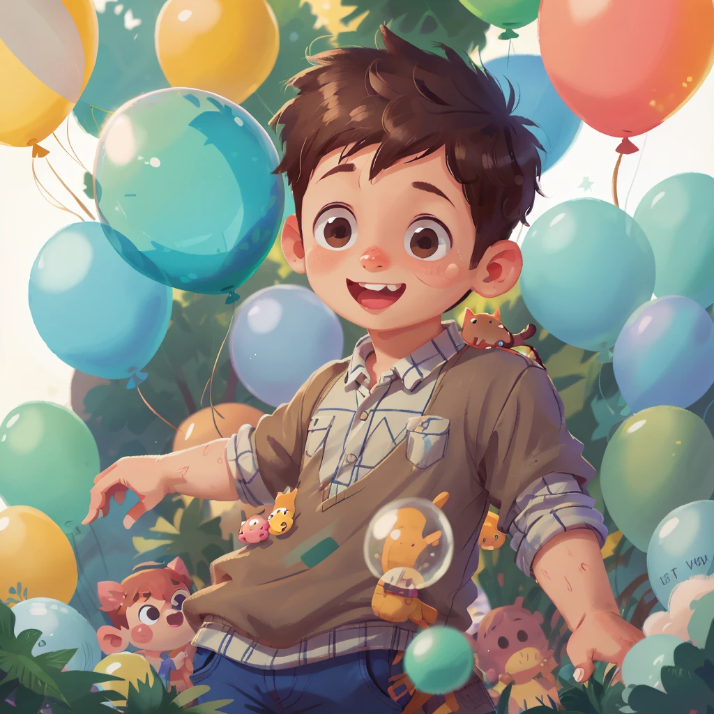 A boy, zoo, many balloons, happy, happy, perfect quality, clear focus (clutter - home: 0.8), (masterpiece: 1.2) (realistic: 1.2) (bokeh) (best quality) (detailed skin: 1.3) (intricate details) (8K) (detail eyes) (sharp focus), (happy), rich colors