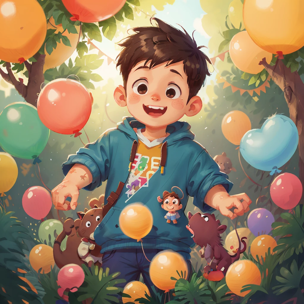 A boy, zoo, many balloons, happy, happy, perfect quality, clear focus (clutter - home: 0.8), (masterpiece: 1.2) (realistic: 1.2) (bokeh) (best quality) (detailed skin: 1.3) (intricate details) (8K) (detail eyes) (sharp focus), (happy), rich colors