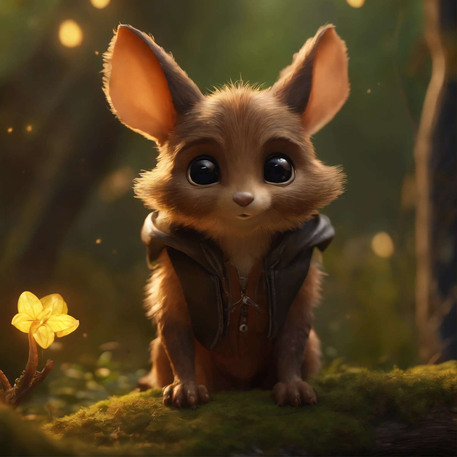 Close-up angle of cute tiny fireflies, illuminating the bush, a detailed painting, cgsociety, Detailed painting, artstation hd, high detail, cgsociety, photo realism, Concept art, artstation hd, official arts, bokeh ,gremlin, like a gopher,真实感, Realism, Huge eyes, large ears, horns near the ears, big nut in paws, brown and yellowish fur, Bigtail, brown vest with hood, The clothes, standing in the woods, Best Quality, Masterpiece, in style of dark fantasy art