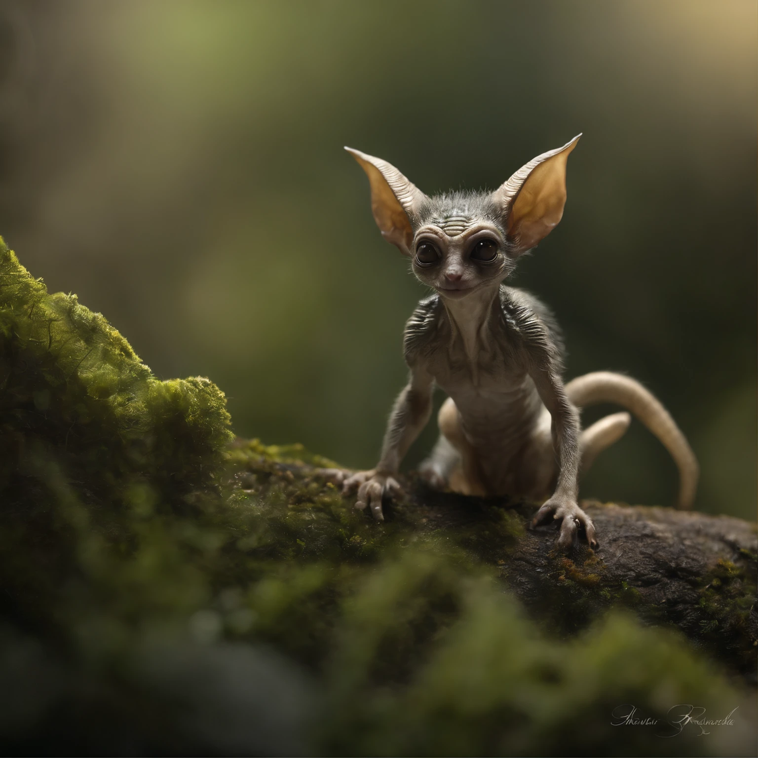 Alien creature, gremlin, Small, Nice, with big ears, Short legs, fluffy tail and miniature ears. The back is an earthy gray color. Specks are clearly visible on it, dark ripples, longitudinal stripes. The abdomen is light, yellowish.
