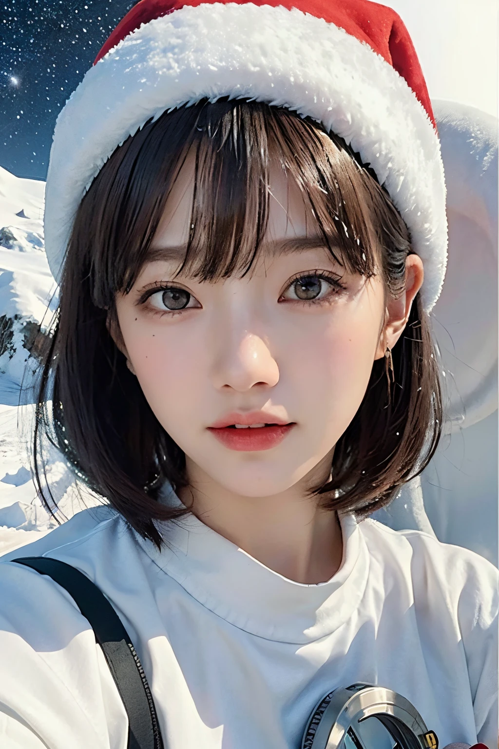 top-quality、masterpiece、超A high resolution、(realisitic:1.4)、Beautuful Women1、Beautiful detail eyes and skin、ssmile、Light brown short-cut hair、The perfect spacesuit、spaceships、cosmic space、 Snow Planet、It's snowing、santa hat、