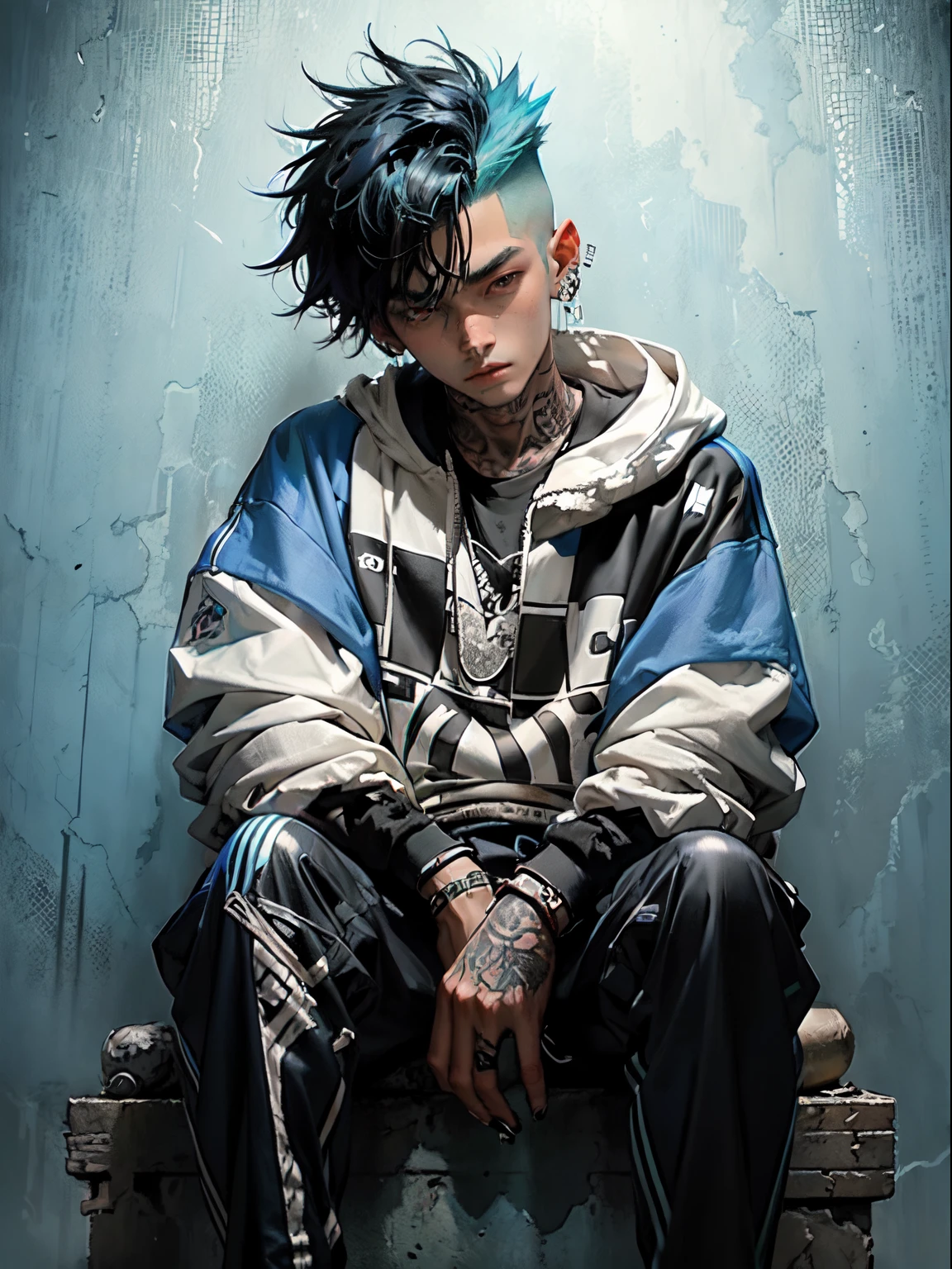 Kpop young age boy with fade cut dark blue hair with with (frosted white tips top hair), cute face, irresistible, sit pose, poser, serious face, full half body show, tattoos, wears cool black mixed blue ang green open jacket with long big sized shirt, long black pants with belt, paint background, popstar, has messy lime green hair, and a green one-suit with a diamond. He has a normal Putt Putt Troll appearance overall, as most of them resemble his appearance with exceptions like Viva. His attire a reference to the golfing attire of golfers.