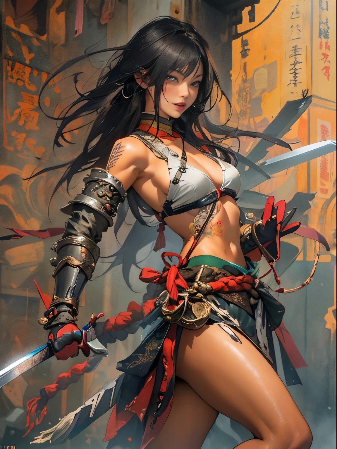 (((woman))), (((best qualityer))), (((tmasterpiece))), (((AS-))), ((( Japanese ))), Look up from your knees, A beautiful asian samurai woman with perfect body, Modern samurai, ((( Asian))), Wear gloves on your hands,The left arm made of steel and metal tipade of protective devices, The eyes are pulled, (( Appears below the breast )), (( Small dental floss )), Simon Bisley, Almost naked(Simon Bisley)Castle City Wildernesor high-resolution posters, hair straight, Minimum clothing, armure (Crazy clotheull of tips and rivets, tribal tattooull bodyesbian))), Straight brunette hair,Colored hair ends