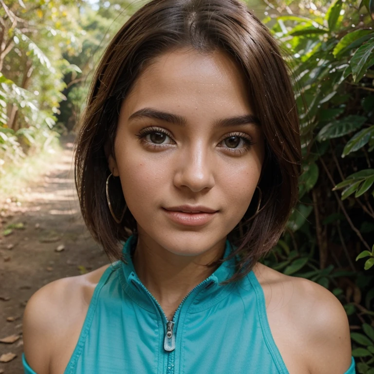 Gere uma imagem realista de um jovem . Ela tem 25 anos, tem olhos castanhos expressivos e cabelos pretos com brilho natural. Its vibrant and authentic appearance, reflecting a mix of curiosity and elegance. Vista-se com estilo, with comfortable sportswear and safety equipment, ela descendo de rapel no meio de uma floresta (foto plano geral)