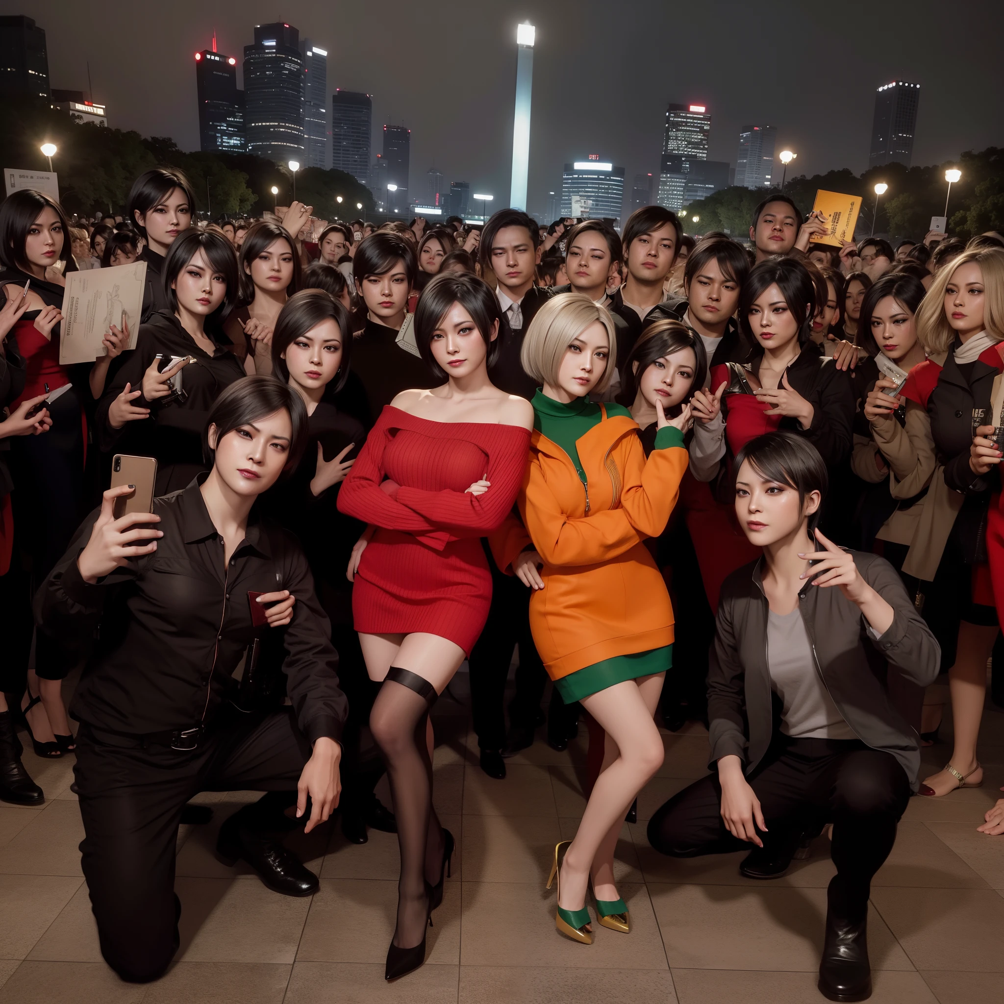 Ada wong, orange off-shoulder red dress, black heels, beautiful face, smile, bob hair, style of arms crossed across the chest