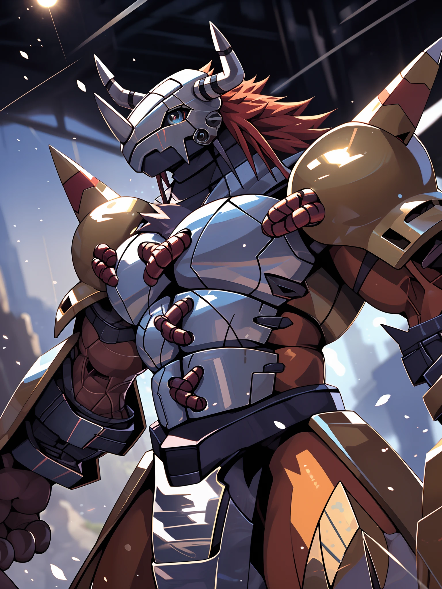 Masterpieces,official art,anthro,male,(wargreymon:1.2),Delicate face,Delicate eyes,helmet, armor, horn, digimon, upper body, depth of field, perfect lighting, light particles,(best quality),(masterpiece),(ultra detailed),sharp focus,light particles