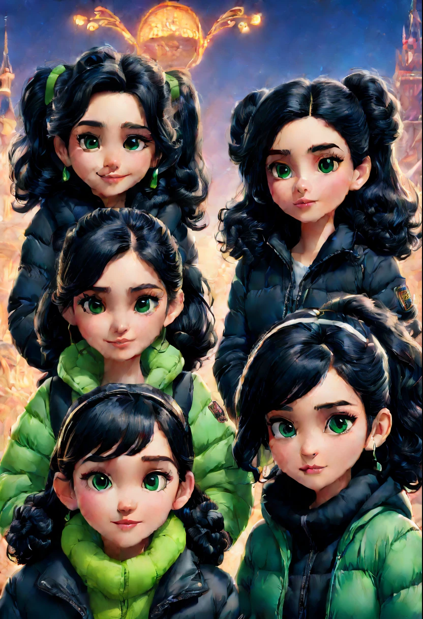 There are four girls wearing black down jackets in the Disney Pixar poster..。The girl on the top left has long black hair and curls..。The girl on the top right has black bob hair.、I'm wearing green earmuffs.。 The girl on the bottom left has her black hair tied up..。The girl on the bottom right has her black hair in a ponytail..。 It's night