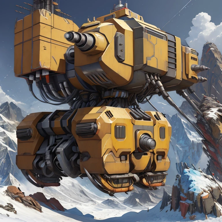 Futuristic drill rig, bright yellow, detailed, realistic, able to fly like a drone, large drill attachment, rod holder, on a mountain side, drilling and blasting a new road.