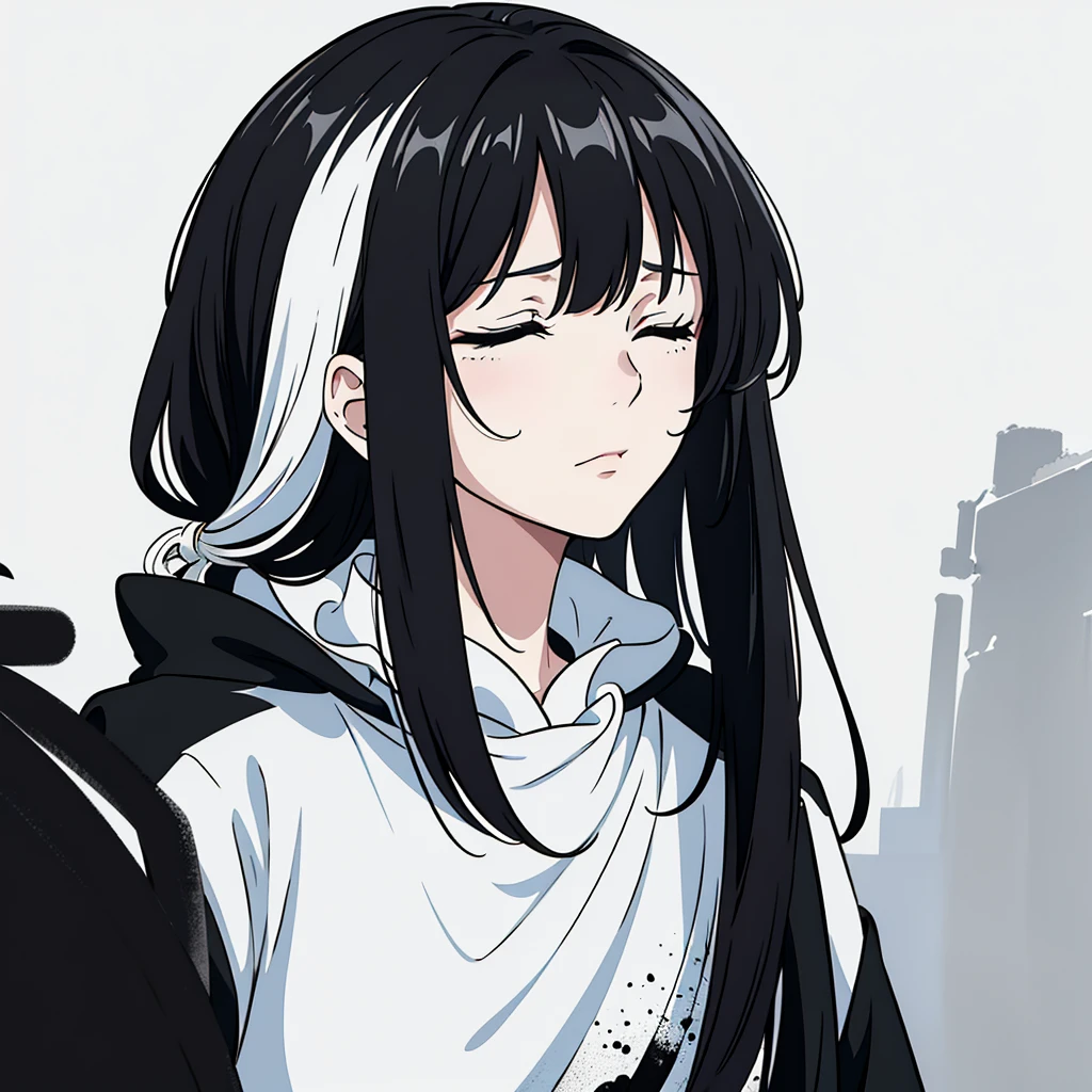 A nonchalant expression, Black and white, disheveled fringe, Moderately messy hair, Appearance, Black and white,Black and white painting,white backgrounid,Lateral face,围巾,Close your eyes calmly