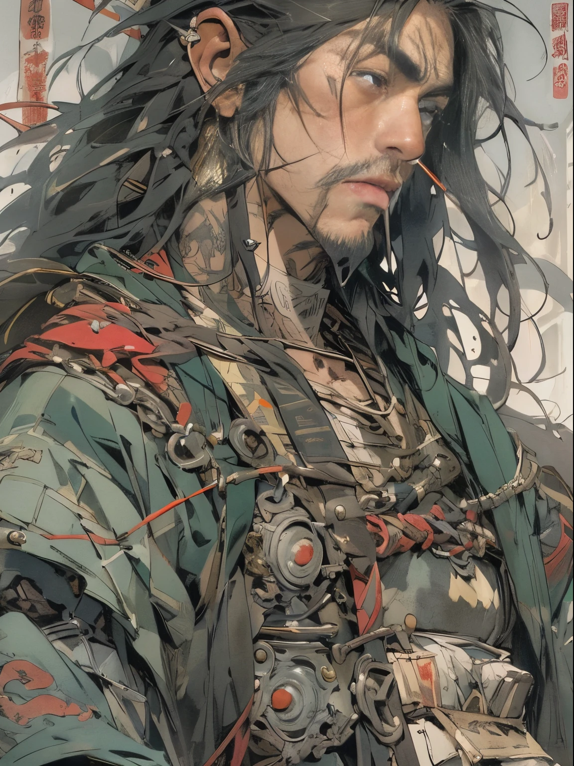 (((mtu))), (((best qualityer))), (((tmasterpiece))), (((AS-))), ((( Japanese ))), Look up from your knees, Handsome Asian samurai,perfect body figure, Modern samurai, ((( Asian))), Wear gloves on your hands,The left arm made of steel and metal tipade of protective devices, The eyes are pulled, (( Appears below the chest )), (( Small dental floss )), Simon Bisley, Almost naked(Simon Bisley)Castle City Wildernesor high-resolution posters, hair straight, Minimum clothing, armure (Crazy clotheull of tips and rivets, tribal tattooull bodyesbian))), Straight brunette hair,Colored hair ends