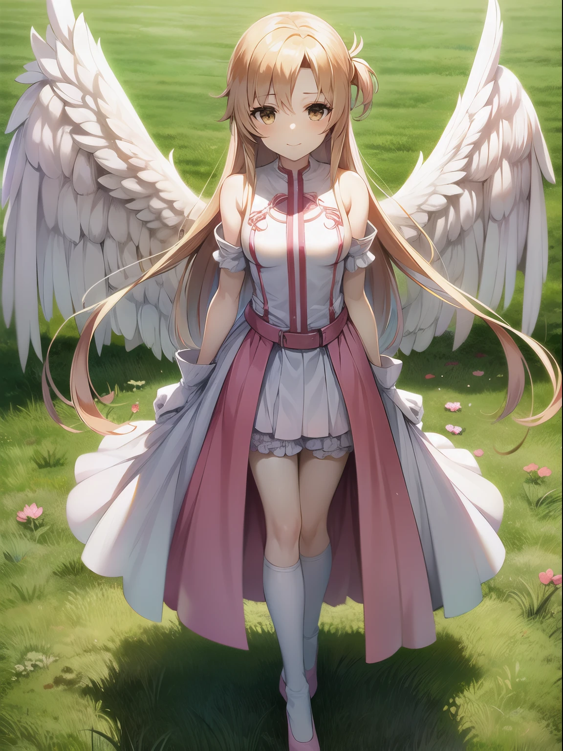 top-quality、a closed mouth、ighly detailed,Three-dimensional feeling,Asuna in the form of an angel with spread wings, hight resolution, Original, 上半身_Body, (standing on the grass), Smiling, Solo, An ultra-high picture quality、fight、(​masterpiece),grass field、Standing、absolute reference to center、illustratio,Asuna in the form of an angel with spread wings、Pink dress、Asuna＿Shining Angel、war in the underworld、pink color clothes、pink winged angel, Brown eyes, Very long hair, (Full body), White Gloves, ), garter strap,