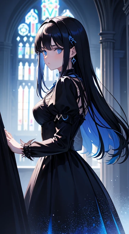 1girl, long brunette hair, big blue eyes, looking at viewer, black gothic victorian dress, cross earrings, blue jewelries, inside a cathedral, (night), blue light particles, color splash, masterpiece, 8K, high contrast, perfect lighting, perfect clothes, perfect anatomy, perfect eyes, perfect face, sharp resolution