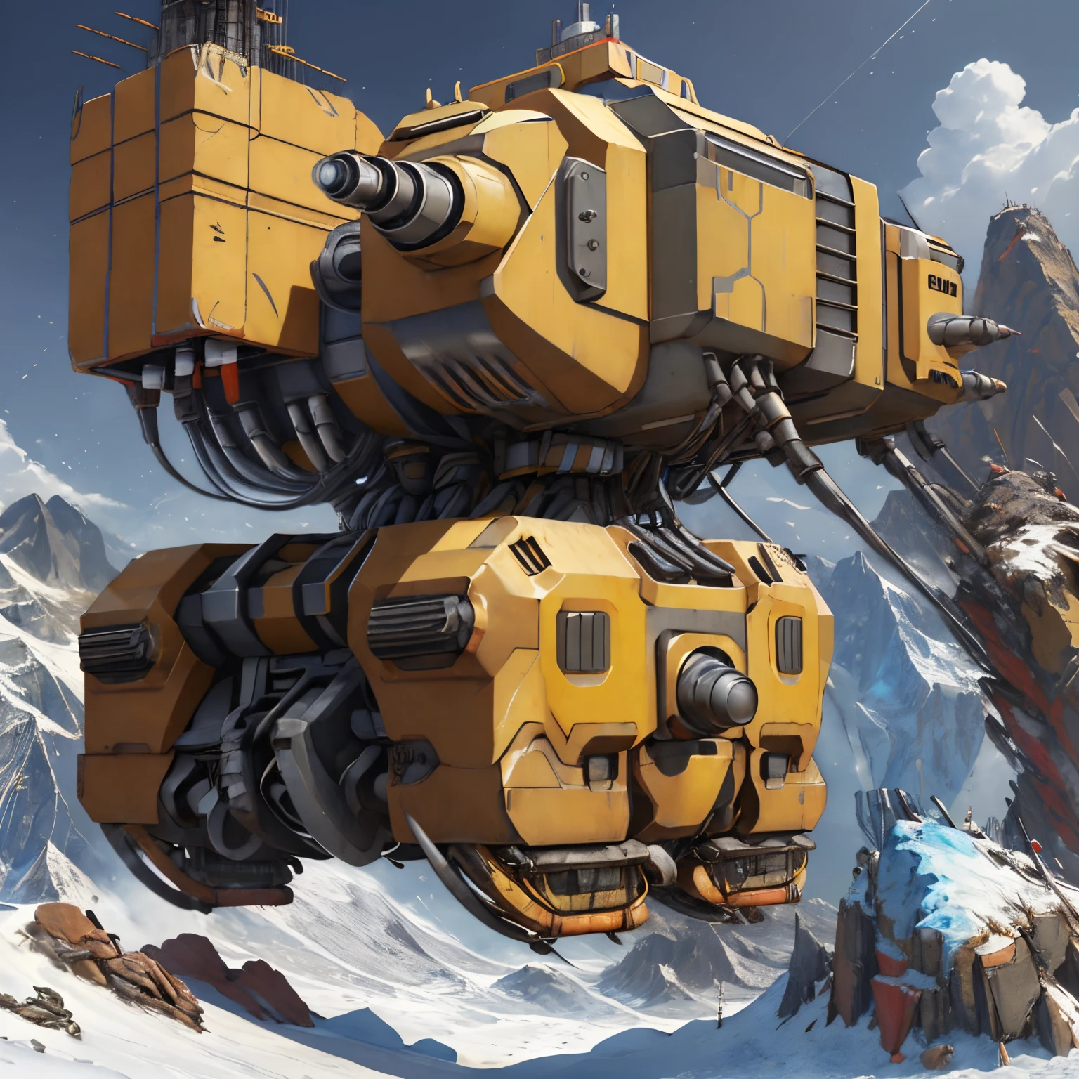 Futuristic drill rig, bright yellow, detailed, realistic, able to fly like a drone, large drill attachment, rod holder, on a mountain side, drilling and blasting a new road.