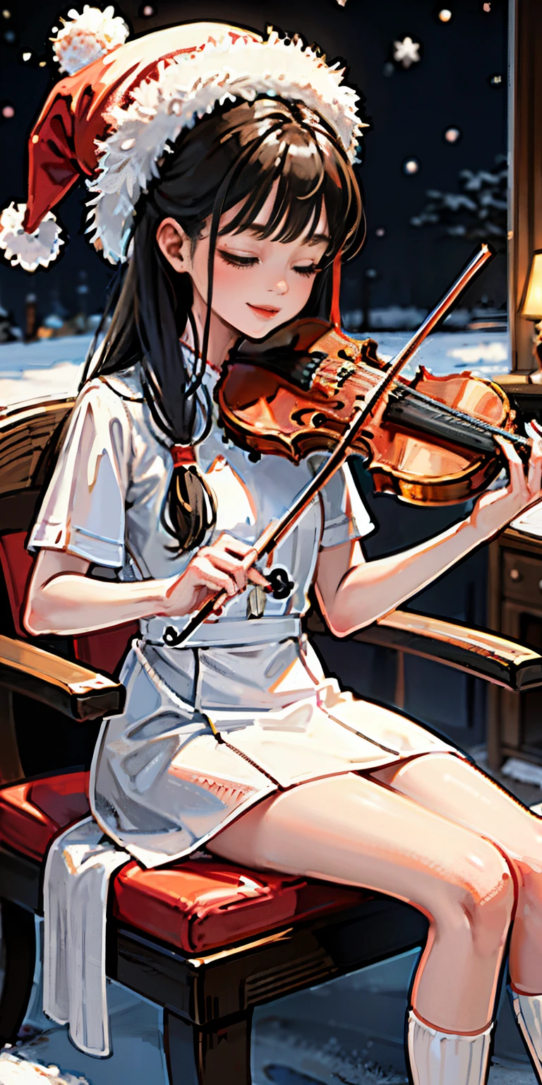 girl wearing christmass dress cotton, night background with snow, playing violin, smile, cute, eyes closed, white long messy curly hair, red clous hat, red short dress, sexy, inside a cottage in a chair chillin, fireplace, comftly, long black and white stipe socks,3DMM
