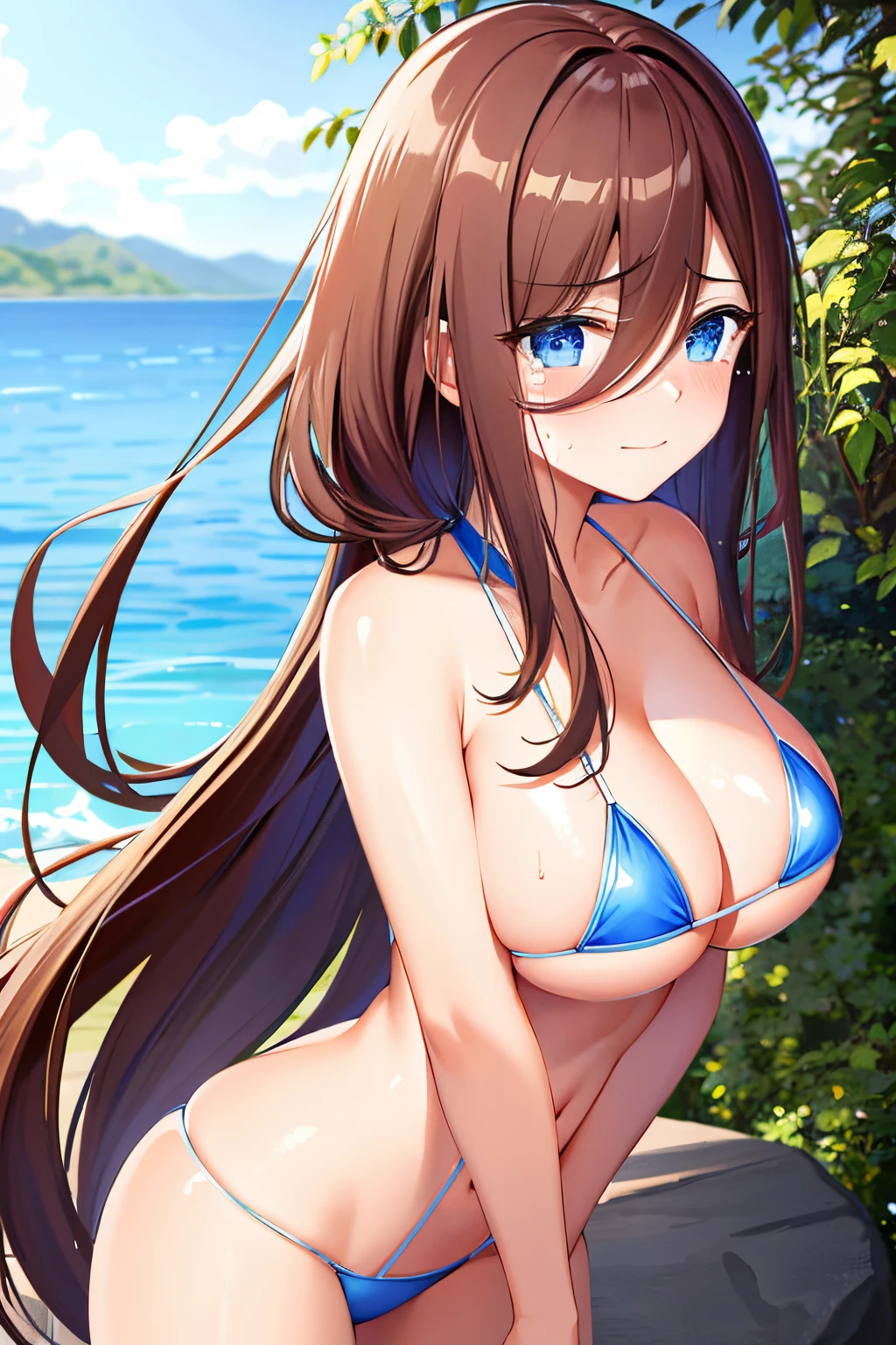 breasts: 1.3), arms behind the back, brown hair, masterpiece, top angle, looking at viewer, 1 girl, cute, slender, blue bikini, big breasts, loose breasts, thin waist, sweaty, shiny skin, bright skin, depth of field, sharp focus, detailed eyes, clear pupils, realistic pupils, delicate facial features, high resolution, (hyper-detail: 1.2), shudder, distress, sad smile, content, embarrassed, (teary eyes: 1.5 ), (thick thighs:0.4), blue eyes, micro bikini, micro bikini