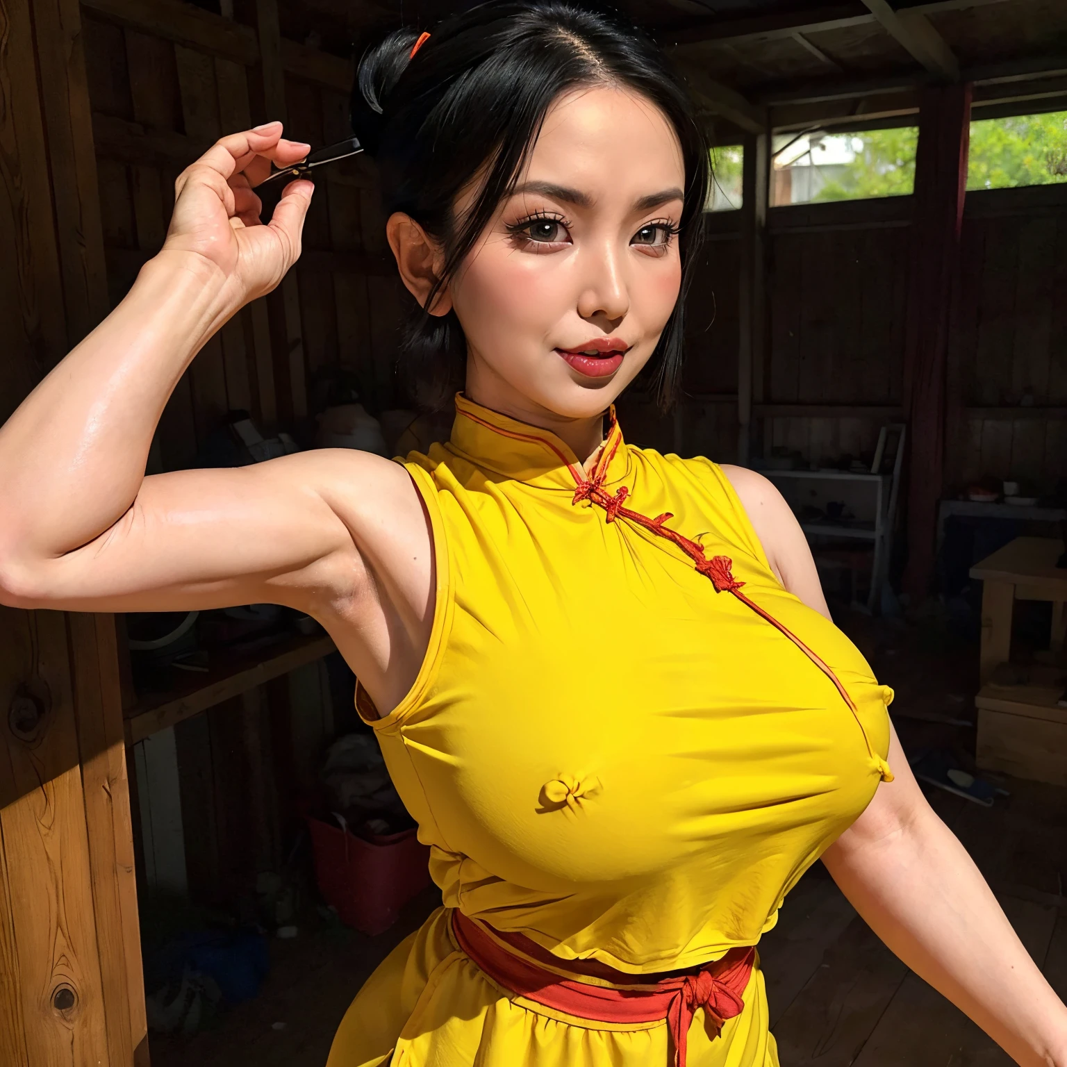 (masutepiece:1.1, Best Quality:1.1, 32K HDR, High resolution), (1girl in, Solo), (Ultra-realistic Chi-Chi portrait(Older):1.1, dragonball z, Mature chichi, A MILF), Black hair, updo hair, Dango Hair, ((Yellow cheongsam, chinese combat uniform)), gigantic cleavage, Colossal tits, Huge boobs, huge-breasted, Nipples, (Inside an abandoned hut:1.1, farms, Perfect slim body:1.1), hyperdetailed face, Detailed eyes, Realistic skin texture, Detailed explanation of the skin, (Show me her shaved armpits:1.3),