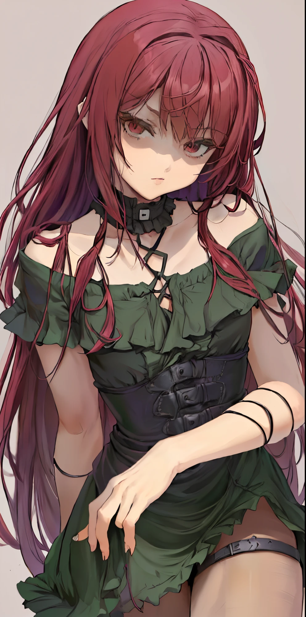 Chica caricaturacon cabello rojo y ojos verdes sentada en un banco., [[[[sonriendo malvado]]]], Fanart de Demon Slayer Rui, Retrato estilo anime, en un estilo anime, en estilo anime, 1 7 - year - old anime goth girl, crimson red hair and red eyes, Retrato de ((travieso)), Ella tiene el pelo rojo