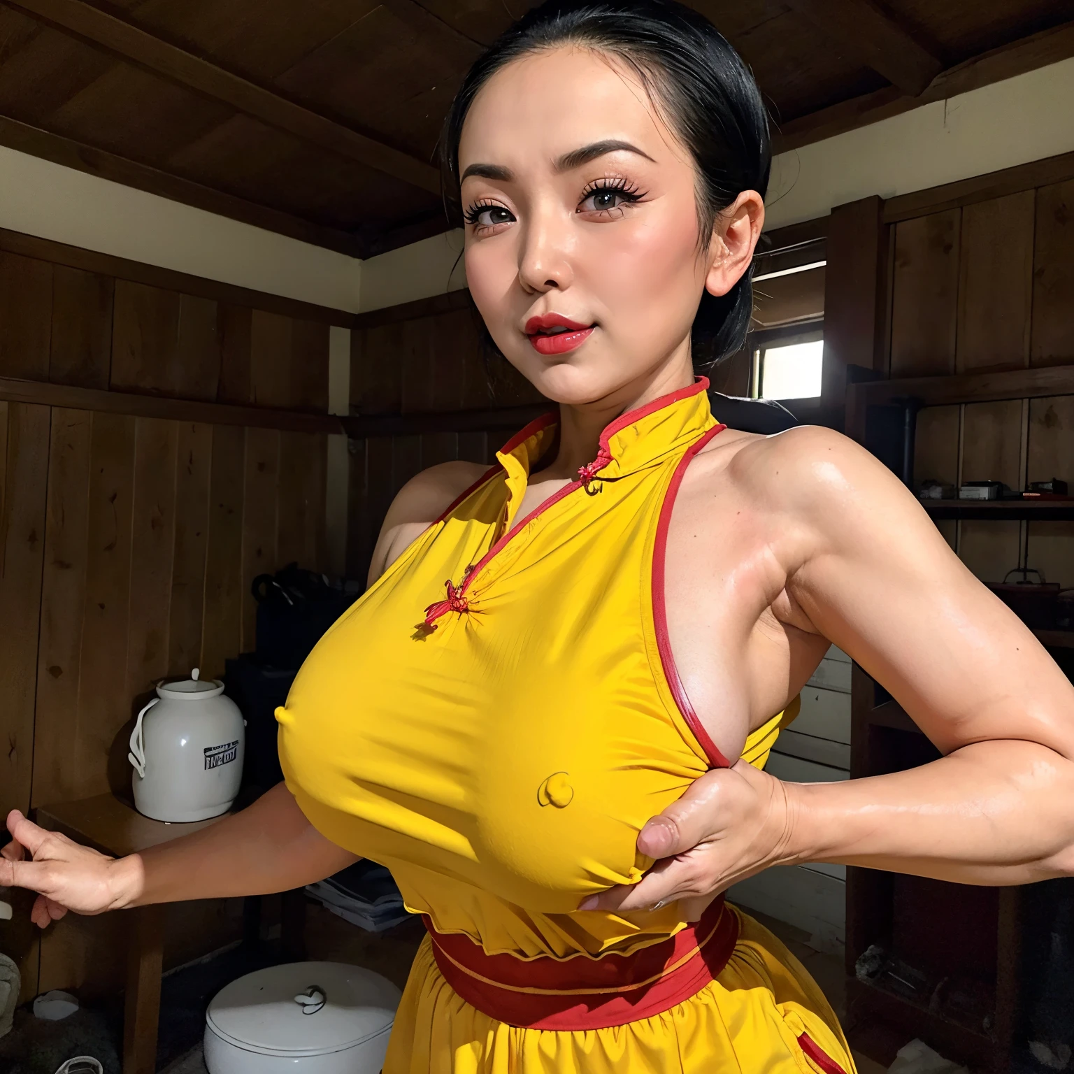 (masutepiece:1.1, Best Quality:1.1, 32K HDR, High resolution), (1girl in, Solo), (Ultra-realistic Chi-Chi portrait(Older):1.1, dragonball z, Mature chichi, A MILF), Black hair, updo hair, Dango Hair, ((Yellow cheongsam, chinese combat uniform)), gigantic cleavage, Colossal tits, Huge boobs, huge-breasted, Nipples, (Inside an abandoned hut:1.1, farms, Perfect slim body:1.1), hyperdetailed face, Detailed eyes, Realistic skin texture, Detailed explanation of the skin, (Show me her shaved armpits:1.3),