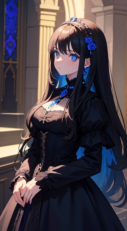 best quality, extremely detailed,anime style girl,long hair down to the waist, straight hair, ((dark black hair with bluish)),braid,beautiful detailed eyes, pinched eyes, (dark blue eyes),huge breasts,curvy,fantasy Steampunk-style costumes,hair ornament,Luxurious room,cool expression,((action scene))