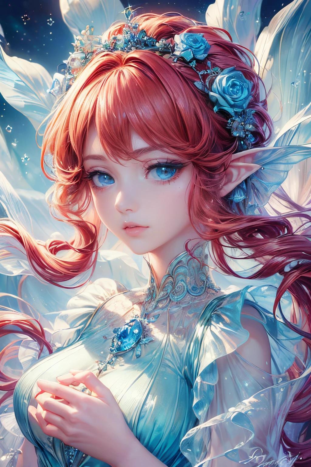 (best quality:1.2), (masterpiece:1.2), (high resolution), (8K), (CG), (exquisite), (upper body), (solitary), (Thumbelina girl), ( Princess blue taffeta court dress), (ocean background), (detailed facial features), (long red curly hair), (almond-shaped eyes), (intricate eye makeup), (long eyelashes), (green eyes with a starry gaze), (detailed lip details), (soft and harmonious style)