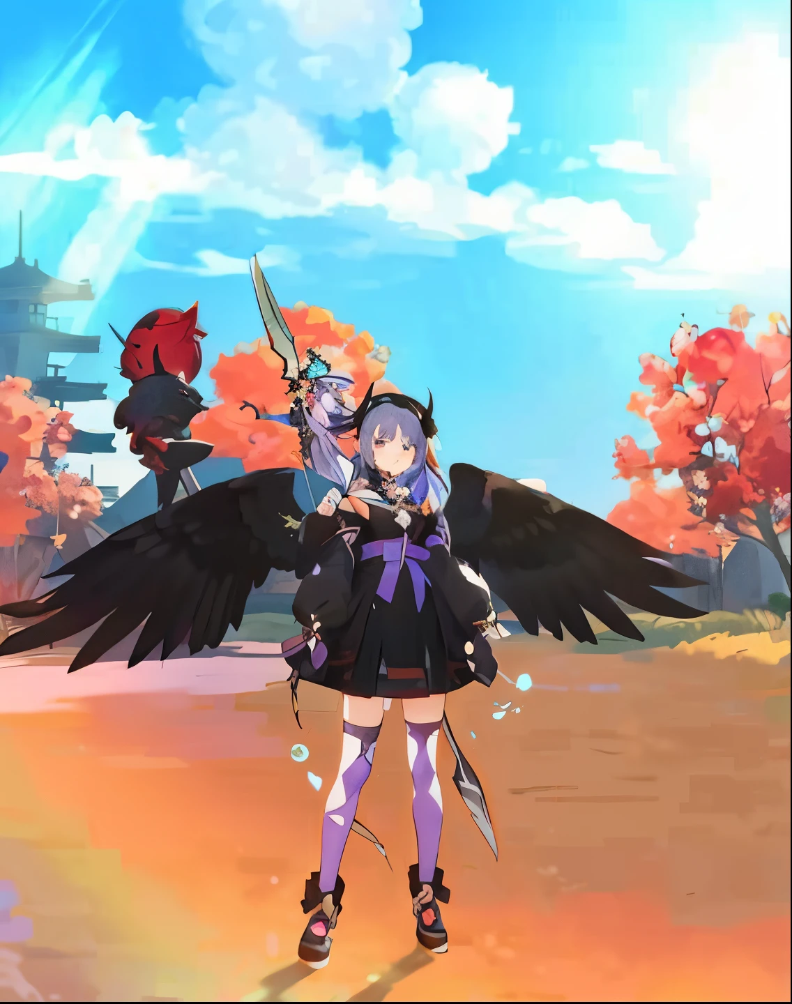 anime characters in a field with trees and sky in the background, Impacto de Ayaka Genshin, ayaka jogo genshin impact, Personagem Genshin Impact, shalltear bloodfallen, videogame genshin impact, shalltear from overlord, do cavaleiro do anjo, Keqing de Genshin Impact, estilo de impacto genshin, black wings instead of arms