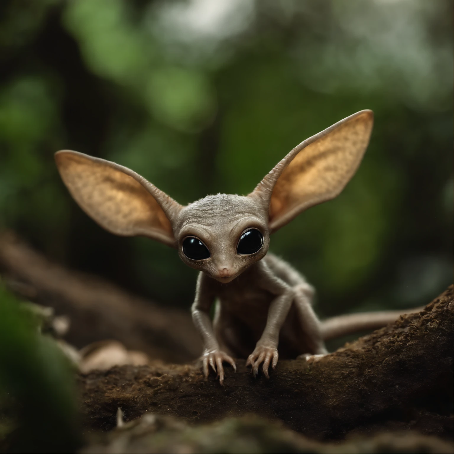 Alien creature, gremlin, Small, Nice, with big ears, Short legs, fluffy tail and miniature ears. The back is earthy gray.. The spots are clearly visible on it, dark ripples, longitudinal stripes. Belly is light, Yellowish., is in the forest, microcosm, huge microbes,