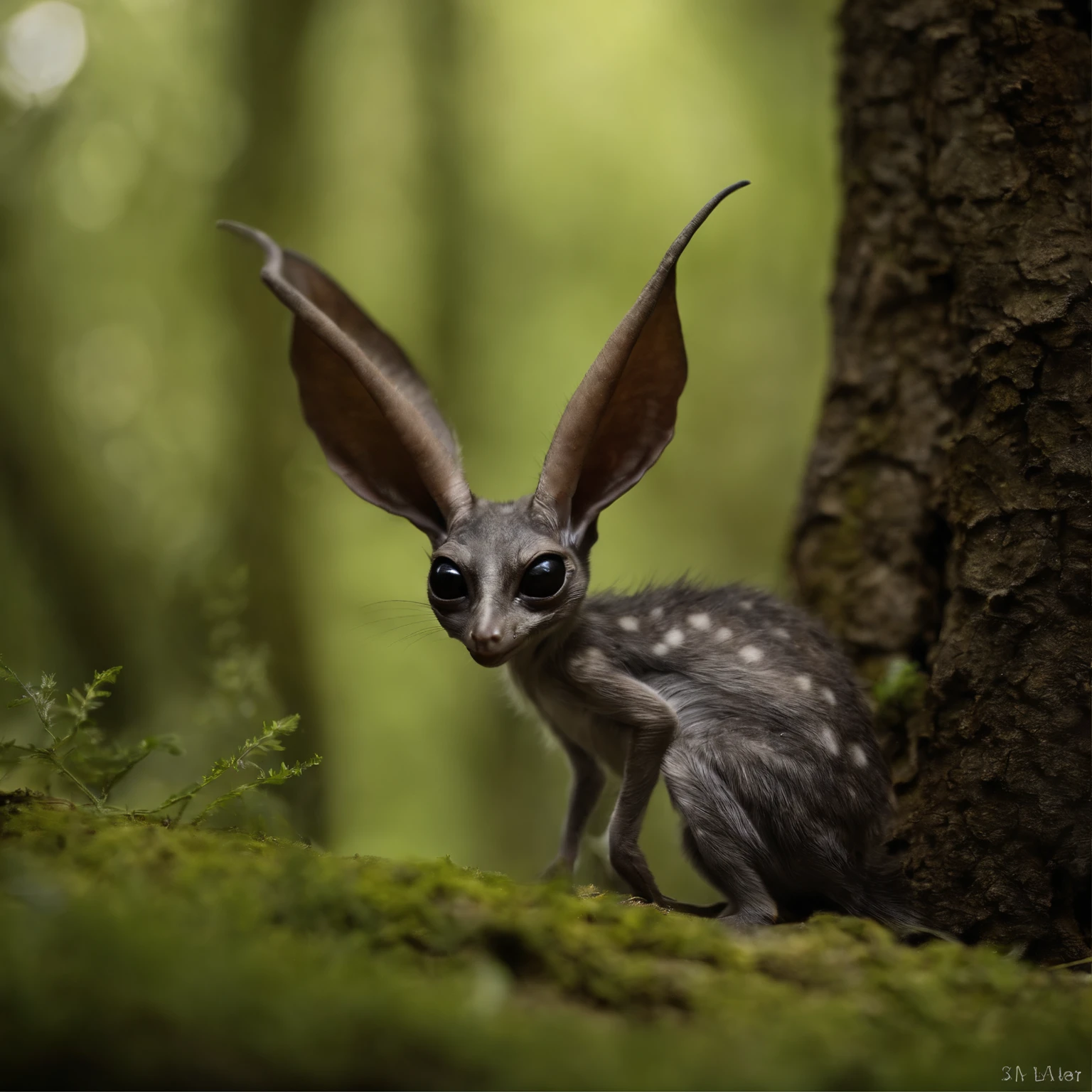 Alien creature, gremlin, Small, Nice, with big ears, Short legs, fluffy tail and miniature ears. The back is earthy gray.. The spots are clearly visible on it, dark ripples, longitudinal stripes. Belly is light, Yellowish., is in the forest, microcosm, huge microbes,