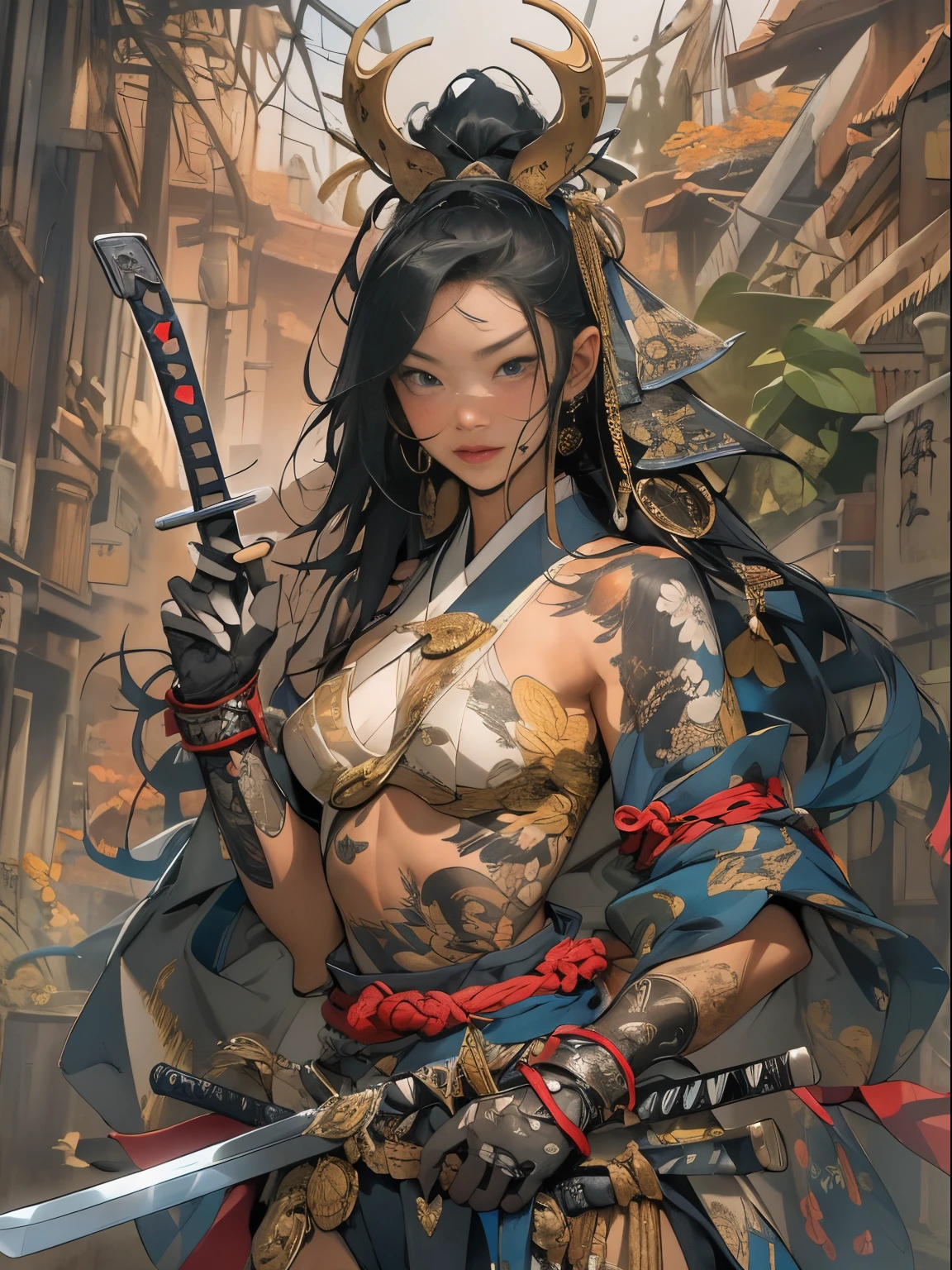 (((woman))), (((best qualityer))), (((tmasterpiece))), (((AS-))), ((( Japanese ))), Look up from your knees, A beautiful asian samurai woman with perfect body, Modern samurai, ((( Asian))), Wear gloves on your hands，The left arm  made of steel and metal tipade of protective devices, The eyes are pulled, (( Appears below the breast )), (( Small dental floss )), Simon Bisley, Almost naked（Simon Bisley）Castle City Wildernesor high-resolution posters, hair straight, Minimum clothing, armure (Crazy clotheull of tips and rivets, tribal tattooull bodyesbian))), Straight brunette hair，Colored hair ends