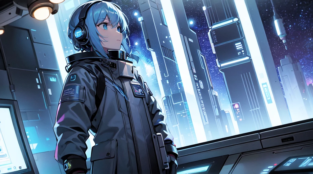 masterpiece:1.4, Futuristic science fiction,Looking out the window of the space station、Beautiful Galaxy:1.2, science fiction on night background,SF control room:1.1, Neon and energetic atmosphere:1.2)) ,((Galaxy))
