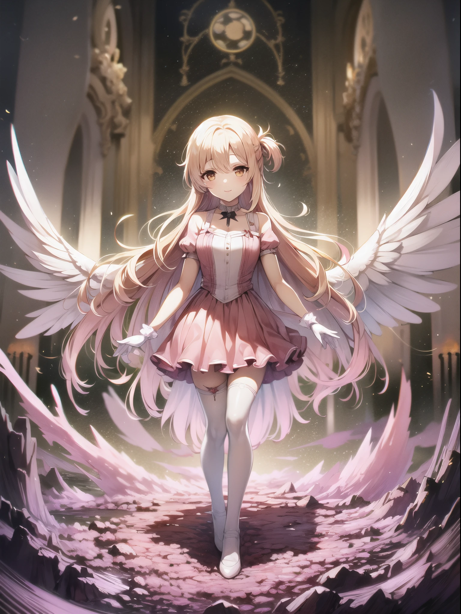 top-quality、a closed mouth、Asuna＿Shining Angel、ighly detailed,Three-dimensional feeling,Asuna in the form of an angel with spread wings, hight resolution, Original, 上半身_Body, Smiling, Solo, An ultra-high picture quality、fight、(​masterpiece),grass field、Standing、absolute reference to center、illustratio,Asuna in the form of an angel with spread wings、Pink dress、、war in the underworld、pink color clothes、pink winged angel, Brown eyes, Very long hair, (Full body), White Gloves, ), garter strap,